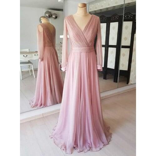 Long Sleeve V-Neck A-Line Chiffon Pink Evening Dresses Pleated Floor Length Zipper Back Formal Party Dresses for Women