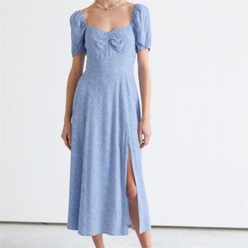 ZXQJ Women 2021 Fashion Split Slim Back Elastic Band Dress Vintage Square Neck Short Sleeve Female Dresses Vestidos Mujer