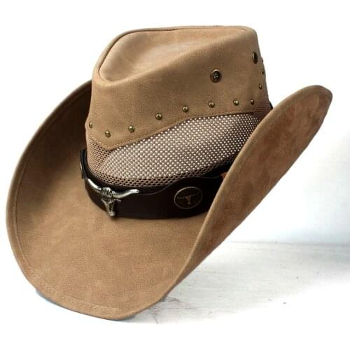 100% Leather Men Women Mesh Western Cowboy Hat Wide Brim Hat Outdoor Sombrero Hombre Cowgirl Hat Newsboy Cap