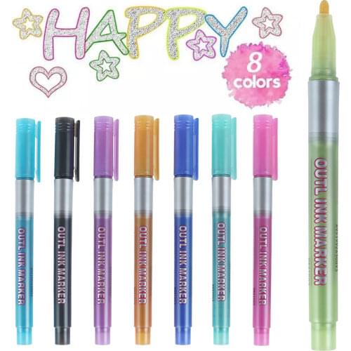 12 Double Line Outline Metallic Markers Magic Shimmer Paint Pens Set of 8 for Kids Adults DRAWING Art Signature Coloring Journal
