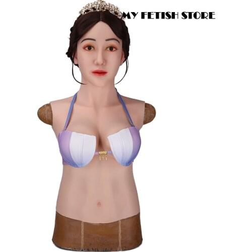 Angela-1G)Crossdress Full Head Realistic Silicone Girl Female Disguise Party Cosplay Transgender Mask With E Cup Breast Torso