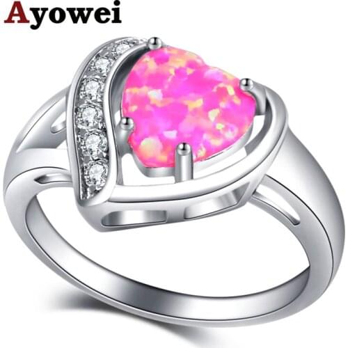 Ayowei Fashion charm style heart desgin ring for lover pink opal white crystal Silver Stamped Rings USA size #6#7#8#9#10 OR913A