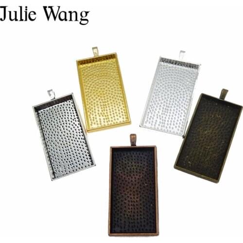 JulieWang 5PCS Mixed Colors Alloy Rectangle Bezel Cabochon Cameo Base Settings Pendant Charms Jewelry Making Accessory