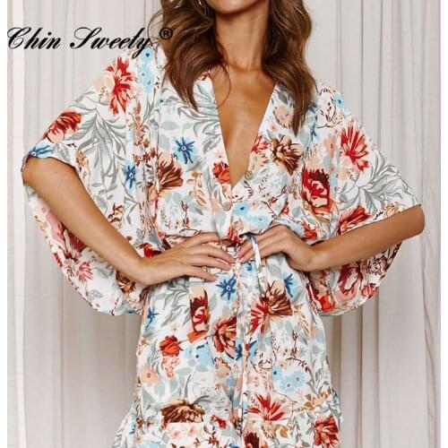 Printing V-neck Lace Up Button Loose Jumpsuit Women Fashion Pattern High Waist Playsuit Female 2021 Summer Beach Ladies Clothes