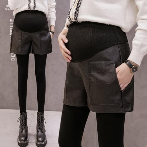 Maternity Short Pants For Pregnant Women Clothes PU Leather Shorts For Pregnant Women Two Pocket Fashion Warm Pants