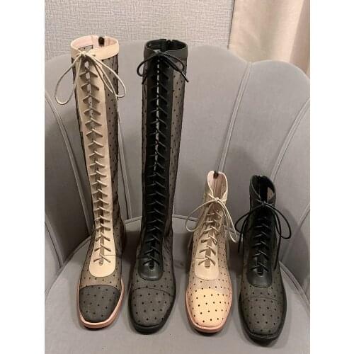 EshtonShero Summer Ankle Boots Fashion Mesh Low Heels Platform Lady Boots Genuine Leather Women Shoes Round Toe Zipper Boots