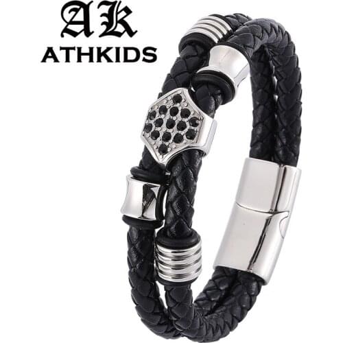 Trendy Men Stainless Steel Beads Double Layer Black Leather Braided Bracelet Magnetic Buckle Male Wrist Band Gifts PD0336