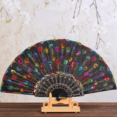 Fashion Folding Peacock Sequin Dance Fan Carved Fabric Bamboo Hand Fan Print Home Decor Embroidery for Parties