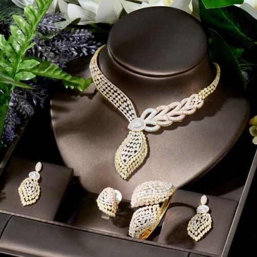 HIBRIDE Shiny Long Big Geometric Cubic Zircon Jewelry Set 3 Tone Gold Women Engagement Party Earrings Luxury Jewelry N-1786