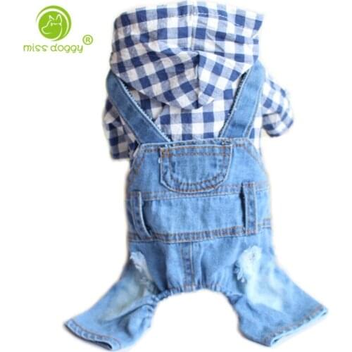 New Spring Autumn Dog Clothes Plaid Denim Four Legs Clothing for Dogs Jumpsuit Jeans Pet Dog Jacket for Small Dogs Overalls 9B15