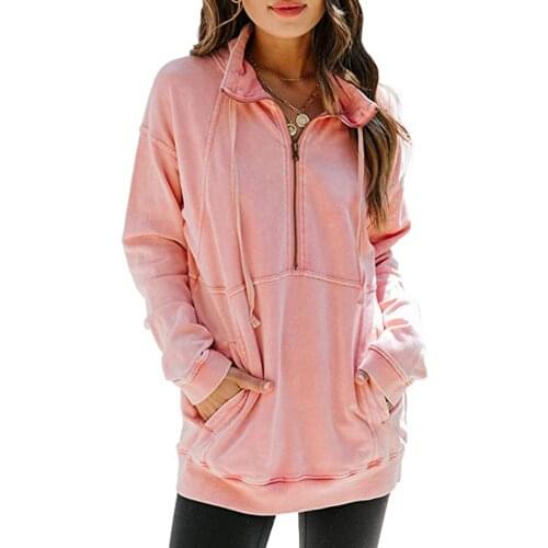 Womens Pocket Half Zipper Long Sleeve Sweater Hoody Solid Color Casual Hooded Sweatshirt Women Harajuku Loose Tops Pullover