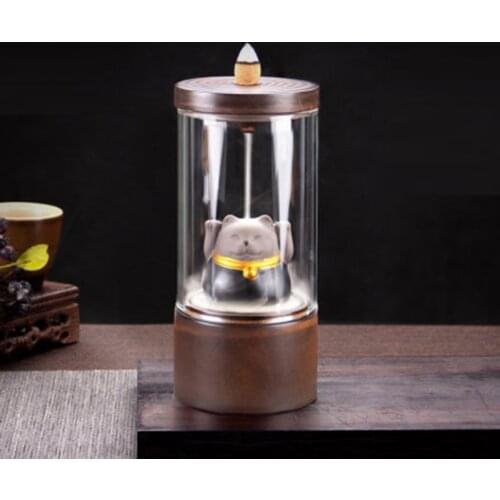 The Lucky Cat Backflow Incense Burner with Glass Cover for Incense Sticks Censer Buddhist Home Decor Ceramic Incense Base