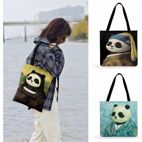 Outdoor Beach Bags Panda Art Painting Print Tote Bag For Women Casual Tote Ladies Shoulder Bag Foldable Shopping Bag