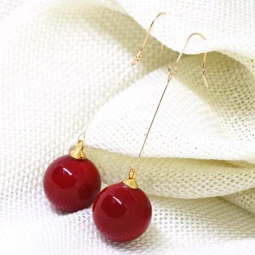 High Grade Drop Earirings Vintage Women Gold-color Imitation Red Coral Beads 14mm Long Bohemian Pierced Dangle Eardrop B1782