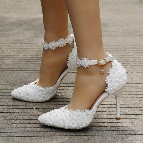 White Lace Flowers Women Wedding Shoes Wristband Bride Shoes One Word Buckle Thin Heels Ladies High Heels wedding shoes crystal