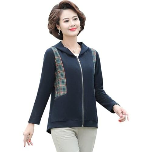 Knitted Splicing Plaid Women Zipper Jackets And Coats Fall 2021 New 5XL Plus Size Mother Hooded Outerwear Casual Loose Tops