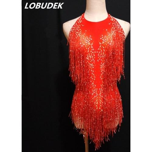 Female Costume Nightclub DJ Singer Jazz Dance Teams Performance outfit Red Tassel Sexy Backless Bodysuit Bright Crystal bodysuit