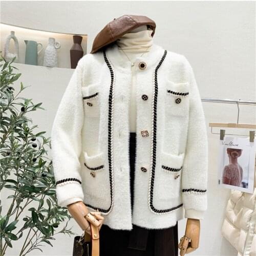 New Autumn Winter Faux Mink Cashmere Women Cardigan Long Sleeve Single-Breasted Coat Fashion Chic Buttons High-end Ladies Jacket