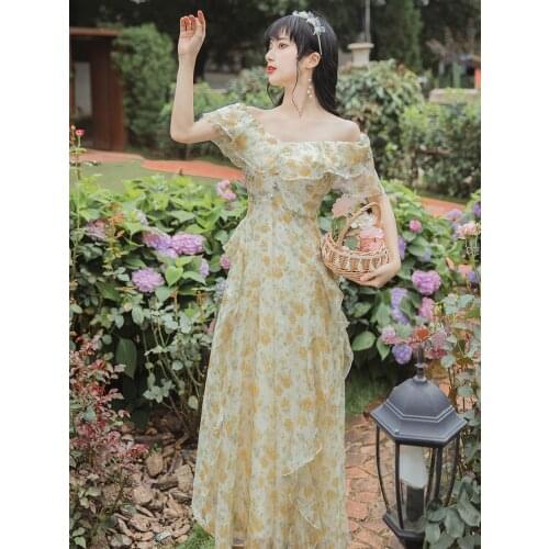 Summer Victorian Floral Dress Robe Femme Fashion Ruffles V-neck Sexy Retro Dress French Gentle Wind Fairy Dress