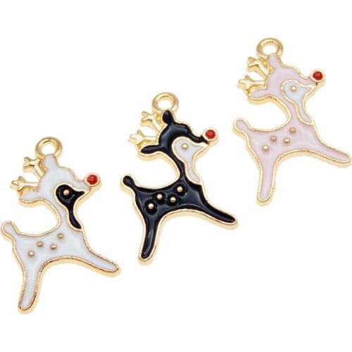 Julie Wang 6PCS Enamel Deer Charms Mixed Black Pink White Small Animal Pendants Alloy Gold Tone Jewelry Making Accessory