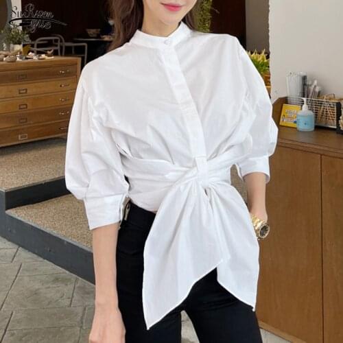 Korean Chic Lace-Up Waist White Blouses Women Clothing Summer Womens Shirt Puff Sleeve Fashion Office Lady Tops Blusas 15548