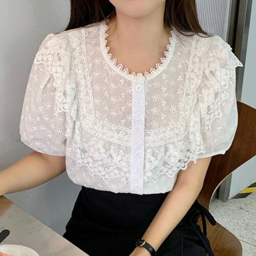 Shirts for Women Tops and Blouses 2021 Elegantes Fashion Lace Shirt Short Sleeve Top Femininas Blusas Puff Sleeve Spliced 1084