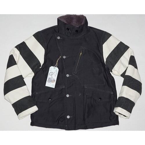 BOB DONG Mens Motorcycle Prison Striped Patchwork Jacket Winter Aviator Coats