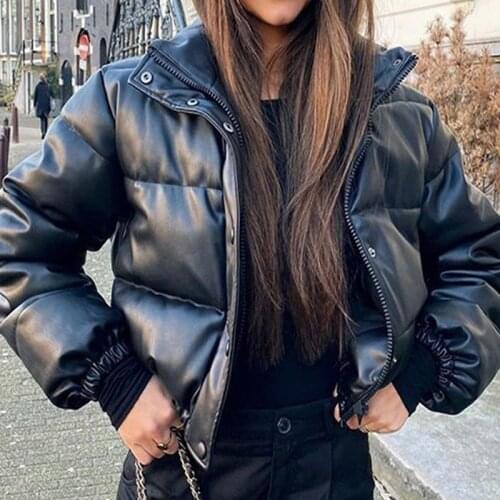Brand New Women 2021 Winter Thick Zipper Cotton Jacket Solid Stand Collar PU Leather Casual Short Coat