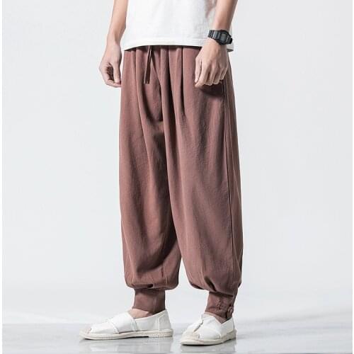 Autumn Men Sweatpants Linen Casual Baggy Loose Wide Leg Bloomers Sport Pants Male Running Jogger Fitness Workout Pant Sportswear