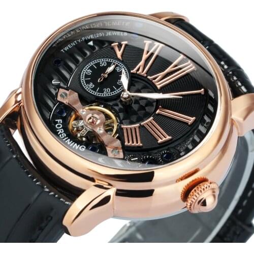 Forsining Tourbillon Men Mechanical Wristwatch Oval Rose Gold Case Luxury Automatic Watch Leather Strap Clock Relogio Masculino