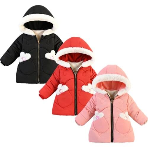 2021 New Winter Girls Jacket Cute Plus Velvet Thick Keep Warm Fur collar Hooded Outerwear For Kids Children Coats