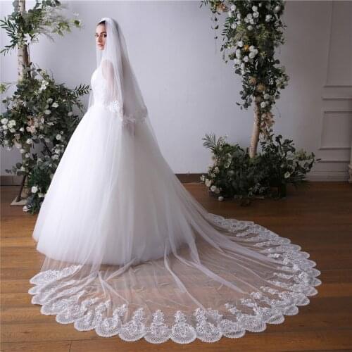 In Stock 2T White Ivory Long Lace Edge Accessories Vestido de novia Bride 3-Meters Width Cathedral Wedding Veils