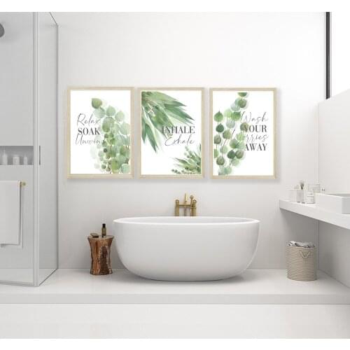 Popular LeafTrio Canvas Painting,Bathroom Decor,Relax Soak Unwind,Modern Posters Wall Pictures,Wash Your Worries Away,Home Gift