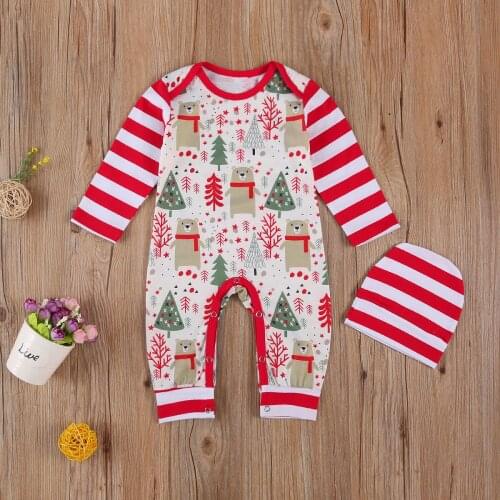 Newborn Baby’s Long Sleeved Jumpsuit Cartoon Christmas Print Round Neck Romper+ Striped Hat Autumn 2 Piece Set