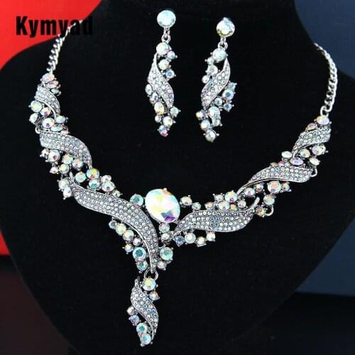 Kymyad Crystal Stone Jewelry Sets For Women Shining Bridal Jewelry Set Vintage Statement Necklace Earrings Set For Women
