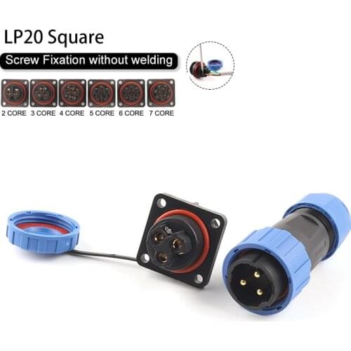 LP20 IP68 Square Male Female Aviation Plug&Socket Solderless Screw Crimp Cable Outdoor Waterproof Wire Connector 2/3/4/5/6/7pin