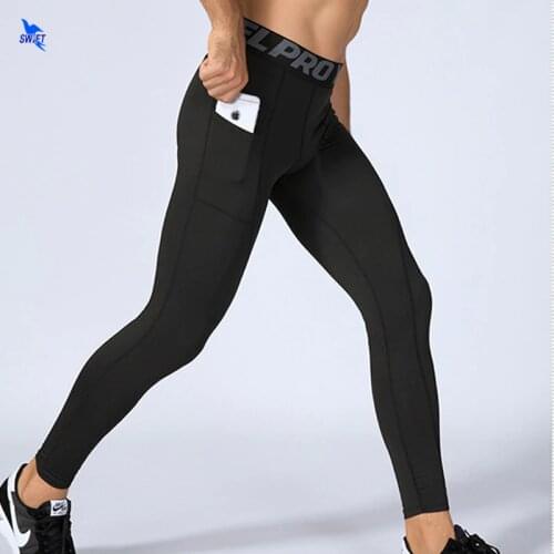 Solid Color Pockets Compression Pants Running Tights Men Soccer Training Fitness Sports Leggings Gym Jogging Trousers Sportswear