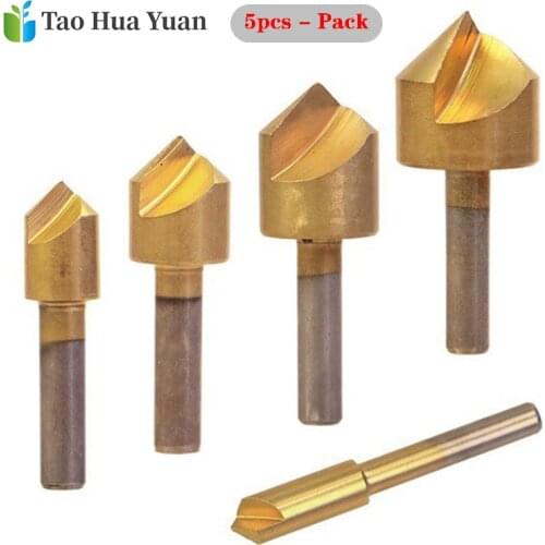 5pcs/set 90 Degree 6/10/13/16/19mm Countersink Drill Bit Set Carbon Steel Round Shank 1 Flute Drill Bit Wood Chamfering Cutter A