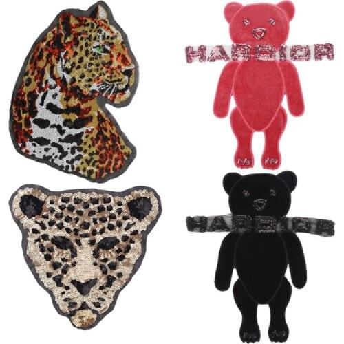 Big Embroidered Leopard head Sequins animal bear patches sew on transfers for clothing DIY jeans accessories Motif appliqued