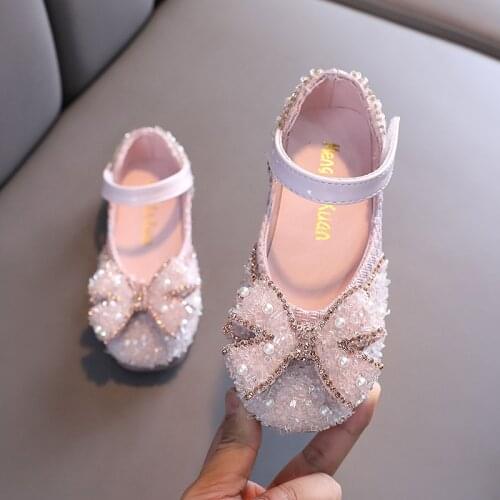 New Hot Sale Girls Bow Princess Shoes Sequin Rhinestone Children Dance Shoes Spring Autumn Flats Kids Shoes G47