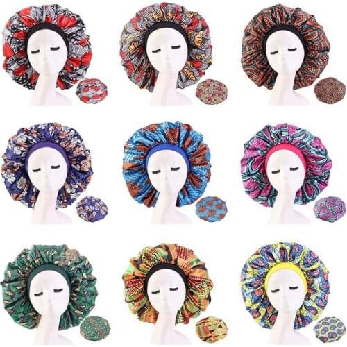 Extra Large Hair Cap For Sleeping African Printed Satin Round Hat Elastic Night Turban Artificial Silk Chemo Bonnet