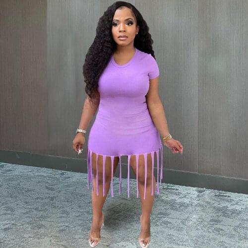 Solid Color Lovely Fringed Dress for Women Fashion O Neck Short Sleeve Skinny Mini Dresses Summer Bodycon Loungewear Vestidos