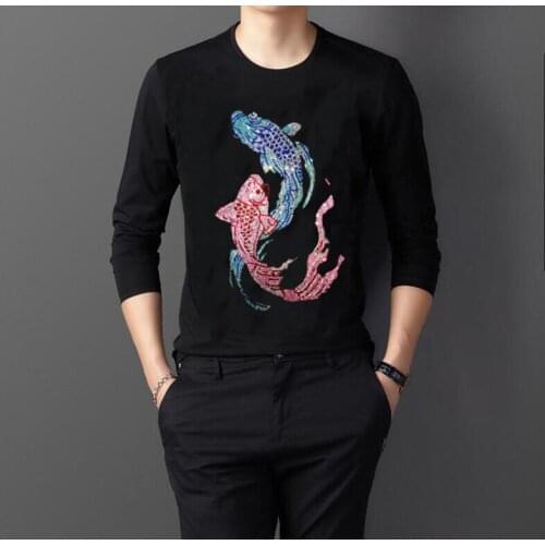 Autumn Winter Luxurious Animal Diamond Long T-Shirt Men Black And White Cotton Casual Comfortable Plus Size 4XL Top