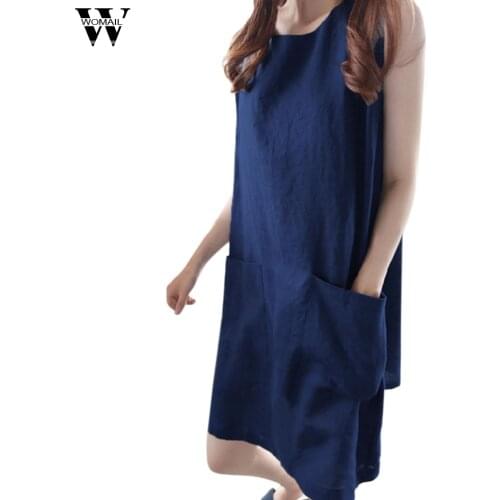 Womail dress Summer Dress Sleeveless O-neck Sleeveless Solid Loose Pockets Cotton Linen Casual Dress Elegant fashion 2019 M12