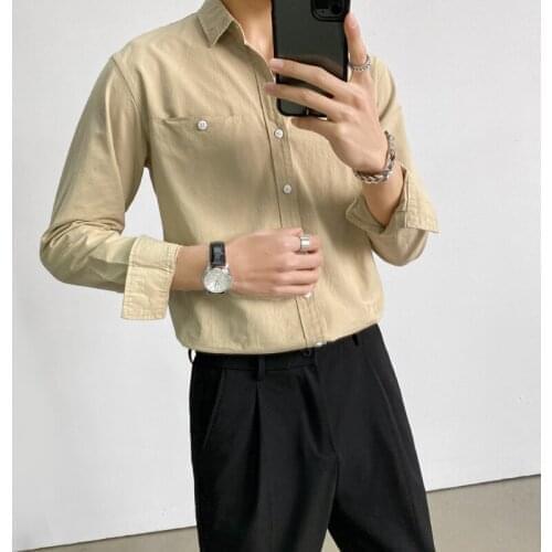 Men Shirts Black Navy Lapel Solid Color Single Breasted Match Front Pocket Long Sleeve Decor Cotton For Casual Homme Streetwear