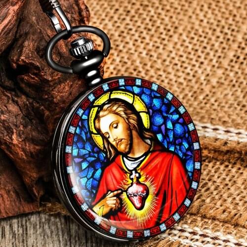 Vintage Quartz Pocket Watch Jesus Design Flip Case Minimalist White Dial Hollow Hands Practical Thick Pendant Watch Collectible