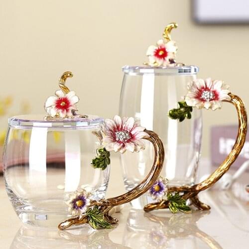 High grade Enamel Transparent Glass Mug Coffee Tea Mugs Red flower Heat-Resistant Cup Set with Stainless Steel Spoon Coaster