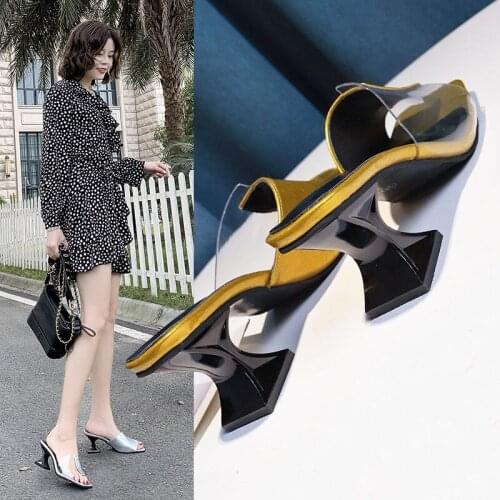 Womens Fashionable 2021 Summer New Square Toe Casual Outdoor Fashionable All-Matching Open Toe Chunky Heel High Heel Slippers