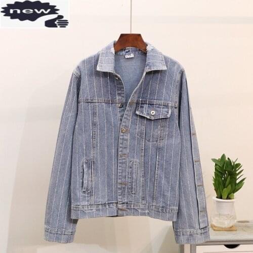 European Style Autumn Rhinestone Striped Loose Fit Denim Coat Female Street Hip Hop Diamond Frayed Jean Jacket Women Outwear