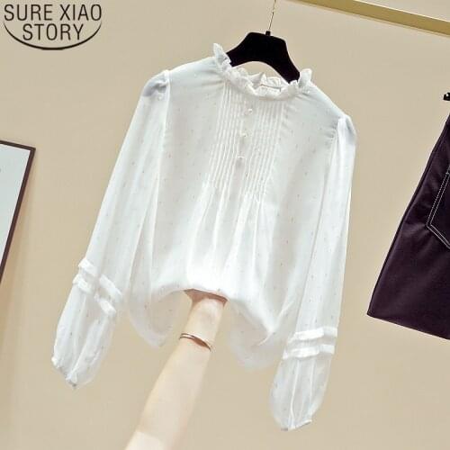Fashion Beading Print Chiffon Blouse Autumn New Women White Long Sleeve Shirt Puff Sleeve Tops Sweet Stand Collar Blouse 16329